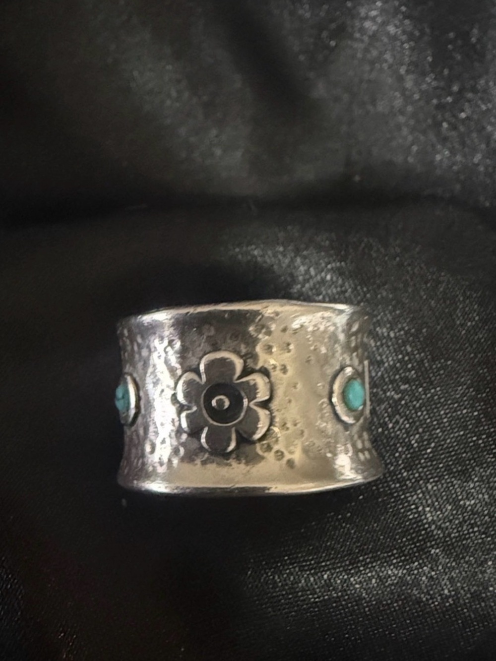 Vintage 925 Sterling Silver Wide Band Floral Ring Boho Turquoise Accent